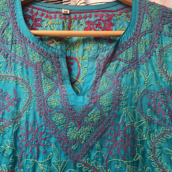 Hand-embroidered Silk Turquoise Tunic Sz. M from India - Picture 4 of 11